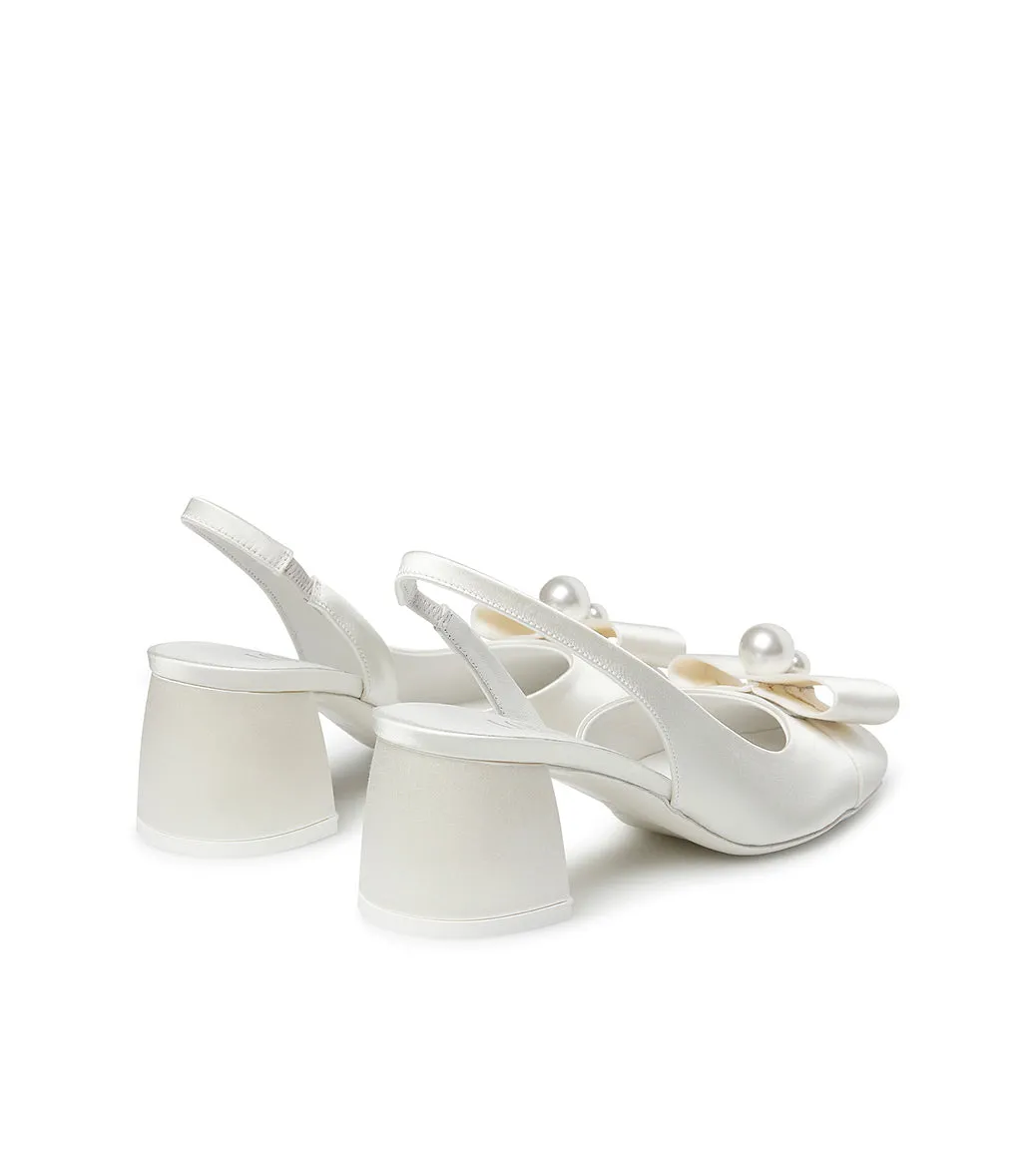 Ivory White Satin Slingback Pumps with Pearls