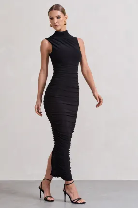 Black Bodycon Ruched High-Neck Open-Back Maxi Dress