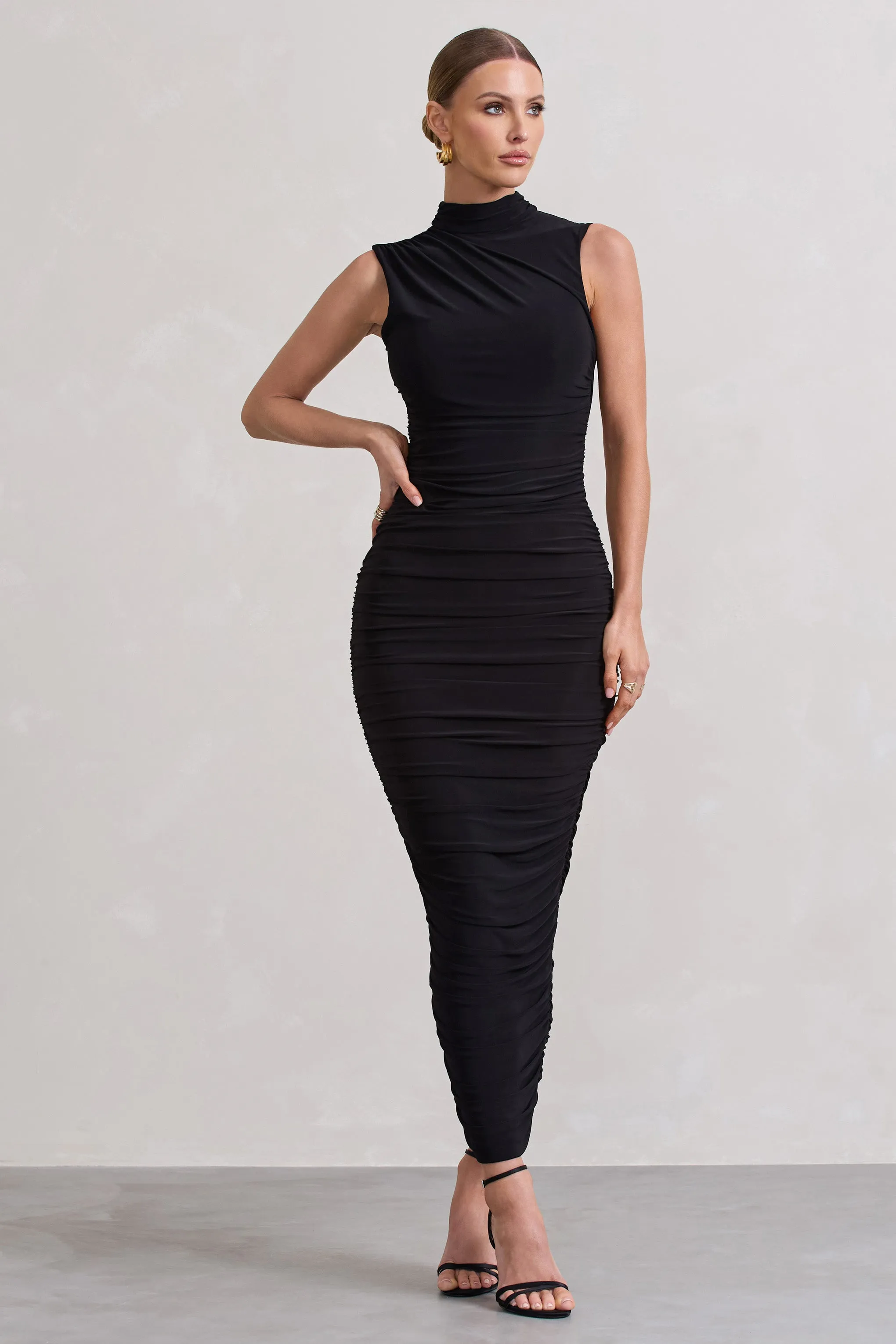 Black Bodycon Ruched High-Neck Open-Back Maxi Dress