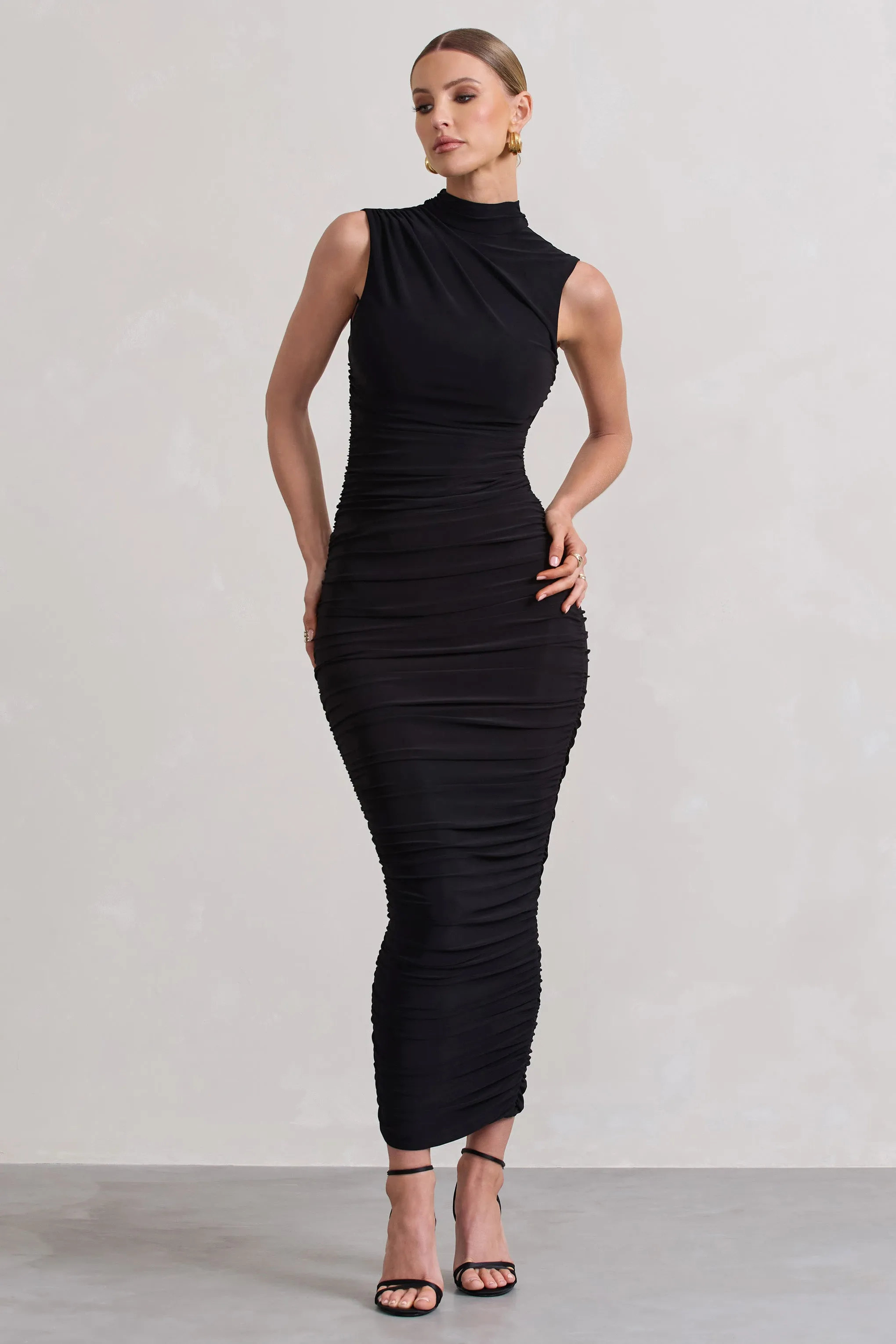 Black Bodycon Ruched High-Neck Open-Back Maxi Dress