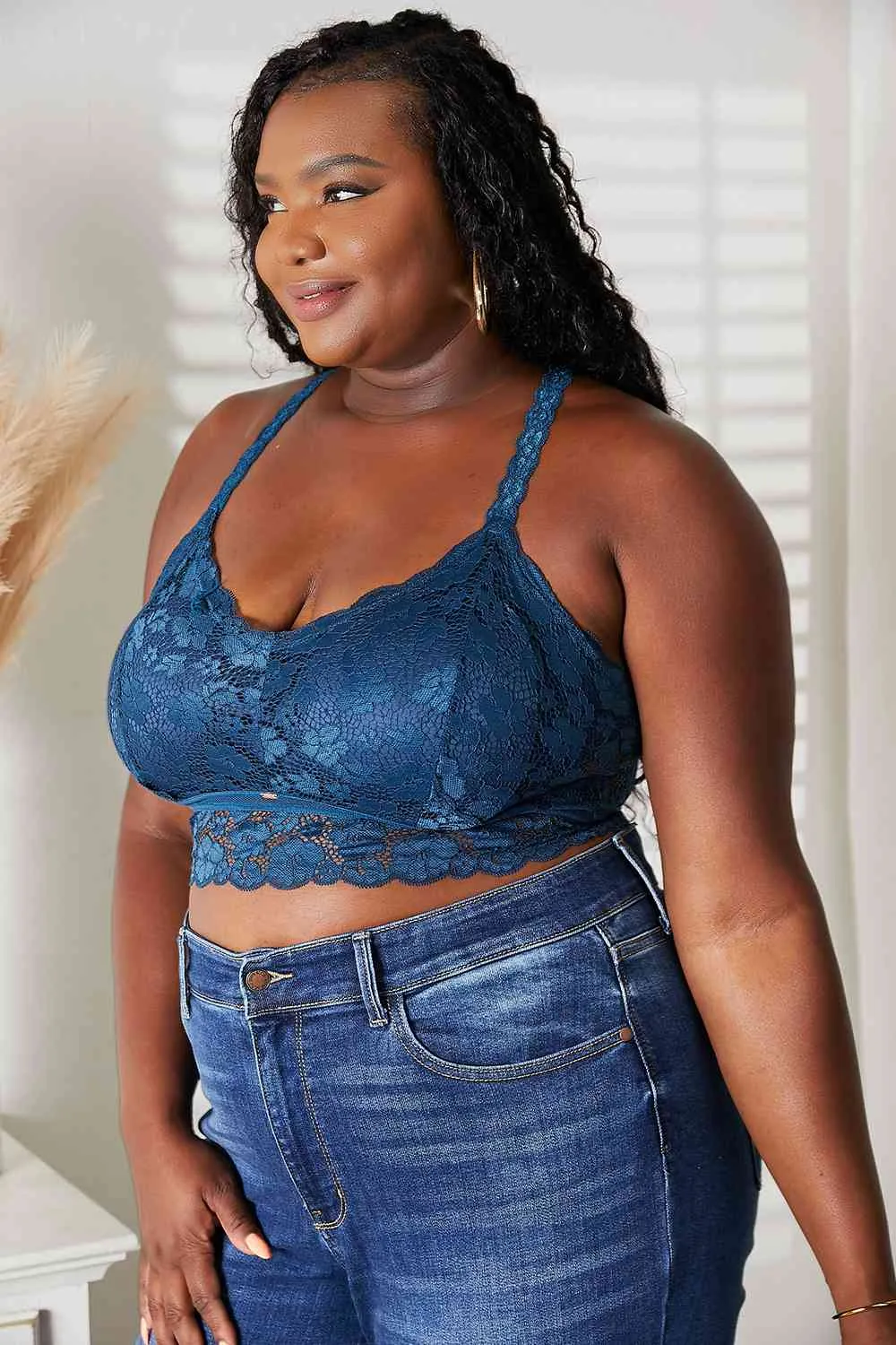 JadyK Full Size Crisscross Lace Bralette: Plus Size Lace Bra