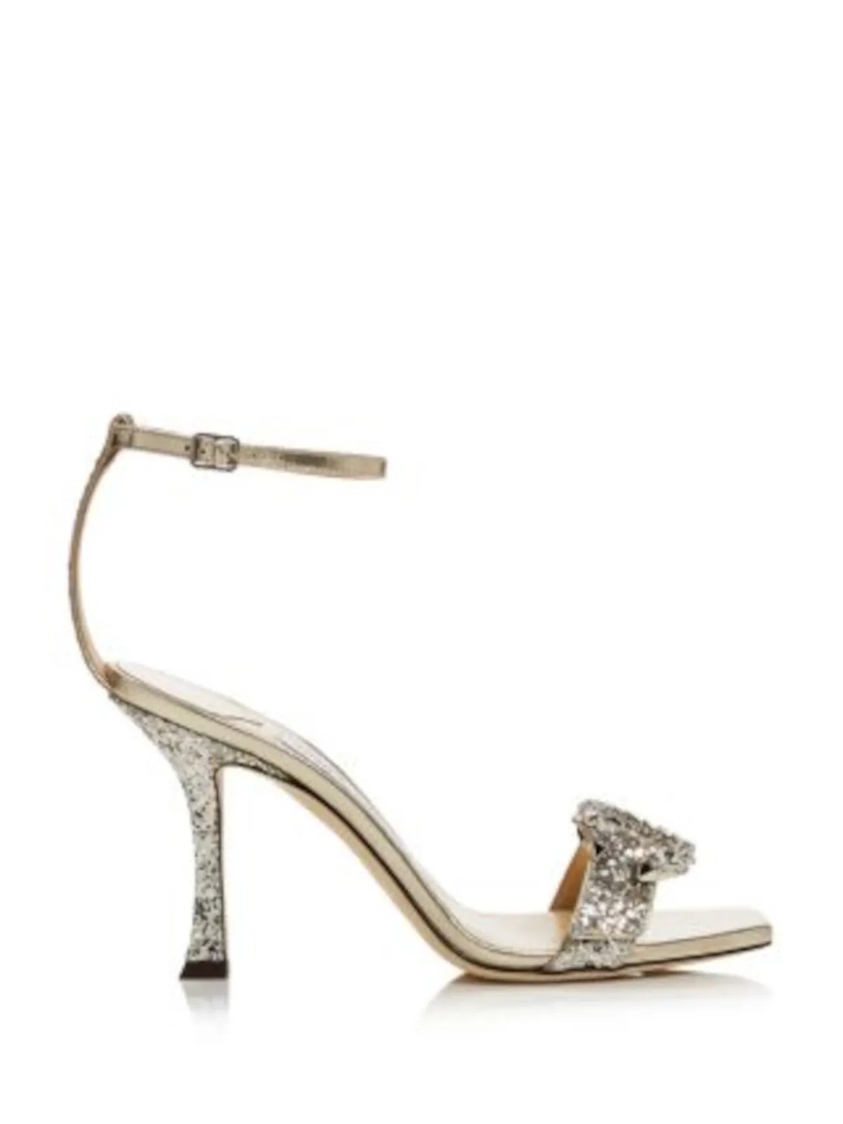 JIMMY CHOO Marsai 90 Square Toe Flare Leather Dress Heels in Gold with Rhinestone Buckle.