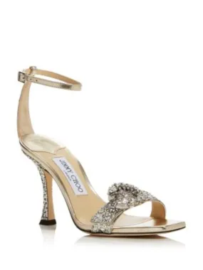 JIMMY CHOO Marsai 90 Square Toe Flare Leather Dress Heels in Gold with Rhinestone Buckle.