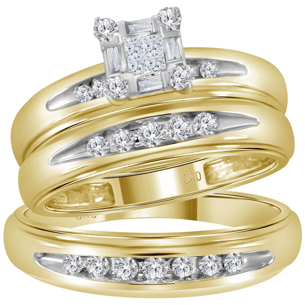 Keene Jewelers 14kt Yellow Gold His Hers Princess Diamond Cluster Matching Wedding Set 3/8 Cttw