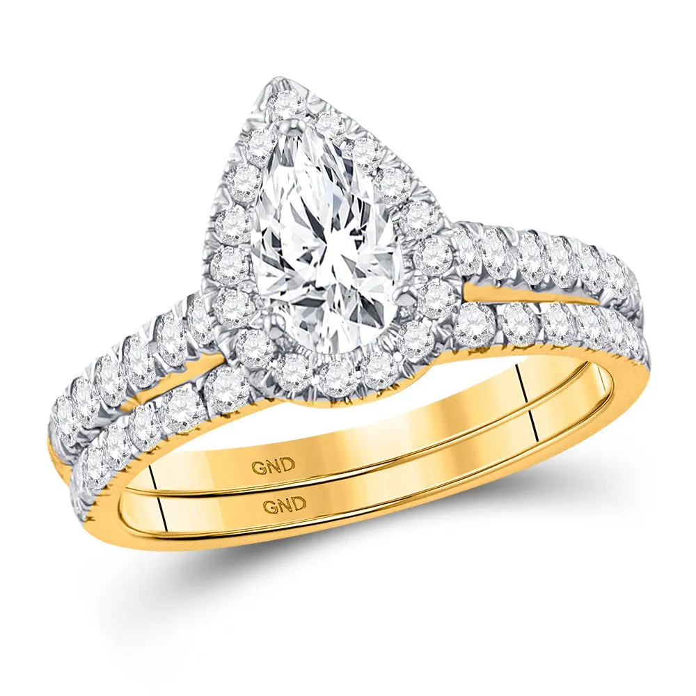 Keene Jewelers 14kt Yellow Gold Pear Diamond Halo Bridal Wedding Ring Band Set 1-1/2 Cttw