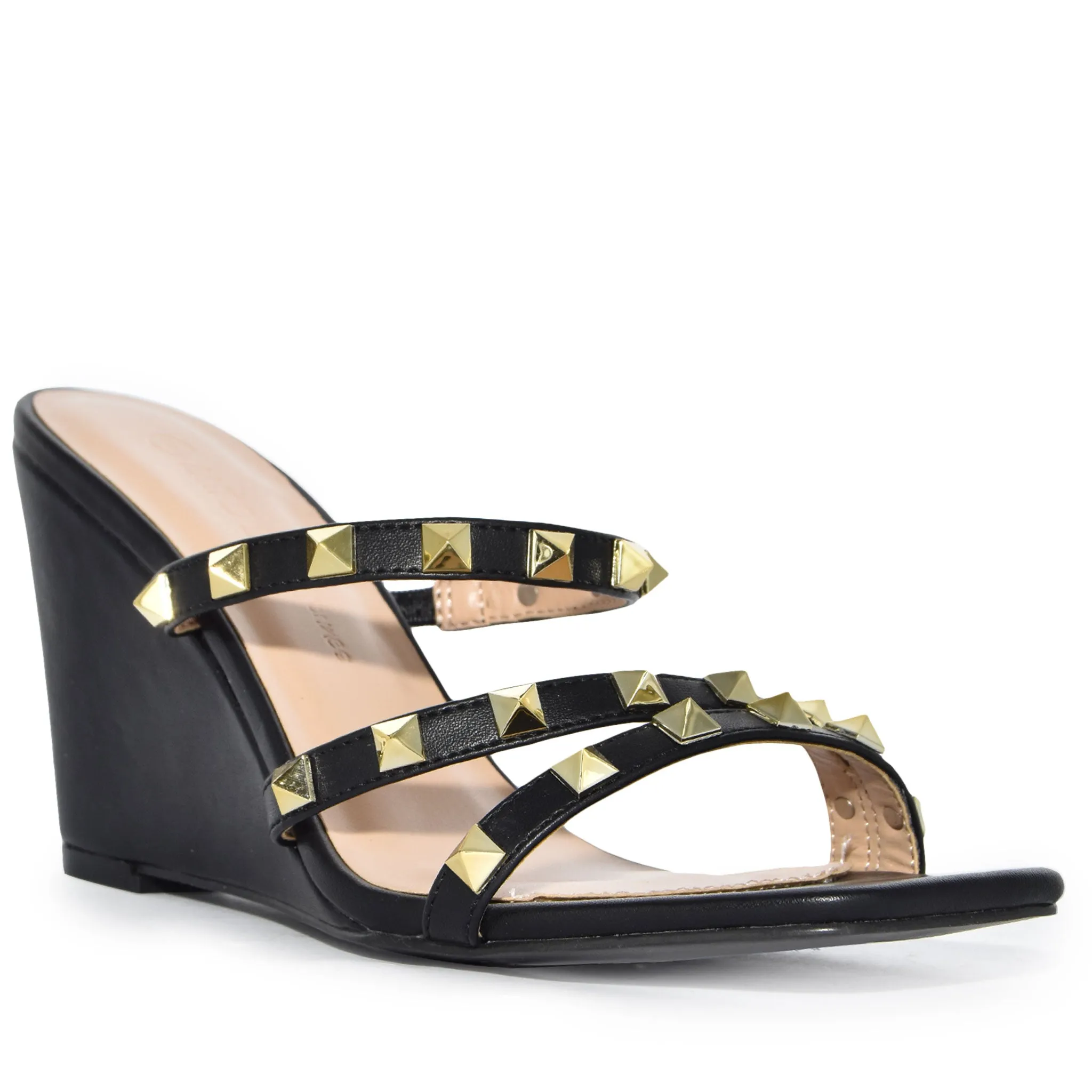 KELLIE-11 Studded Strappy Square Toe Wedges