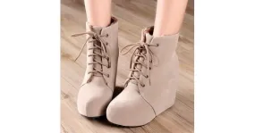 Khaki Suede High Top Platforms Wedges Boots