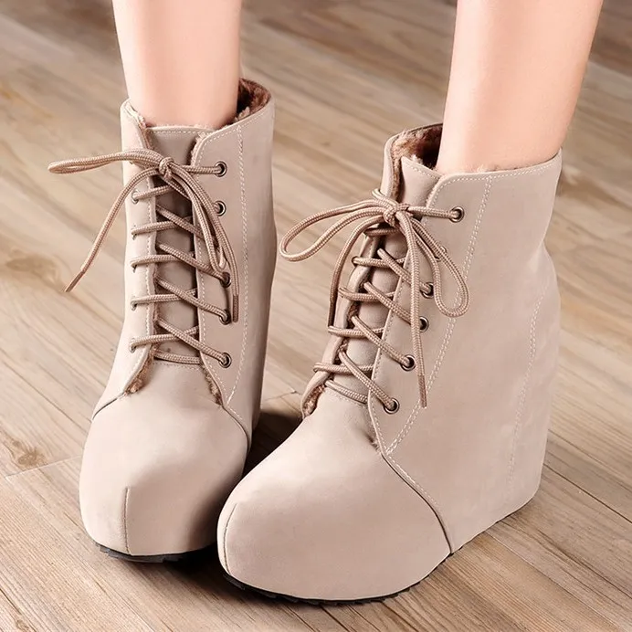 Khaki Suede High Top Platforms Wedges Boots