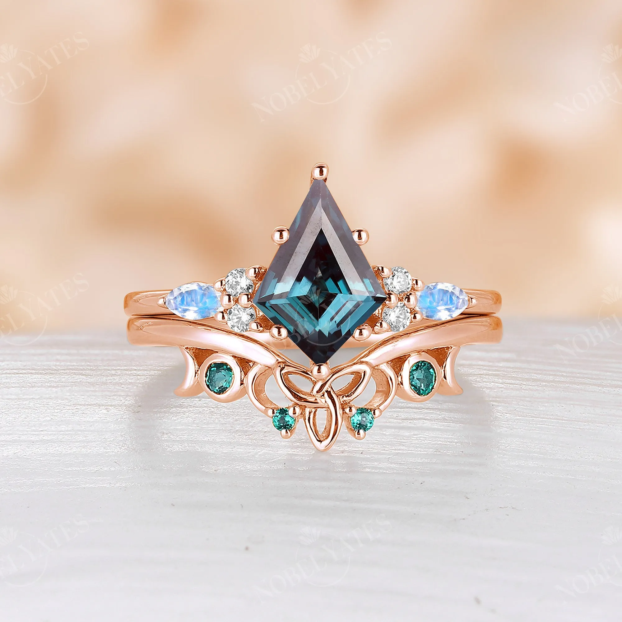 Kite Lab Alexandrite Celtic Style Cluster Engagement Ring Set Rose Gold