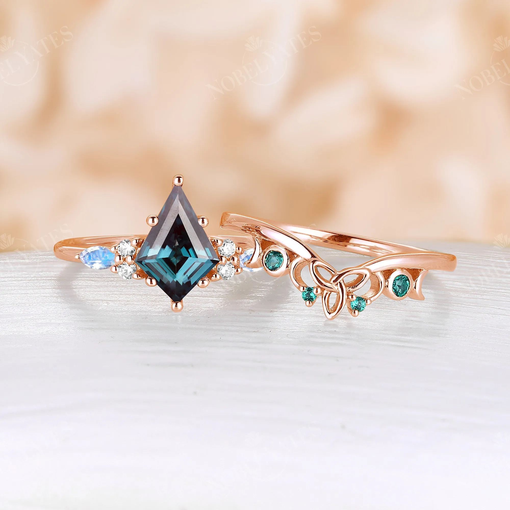 Kite Lab Alexandrite Celtic Style Cluster Engagement Ring Set Rose Gold