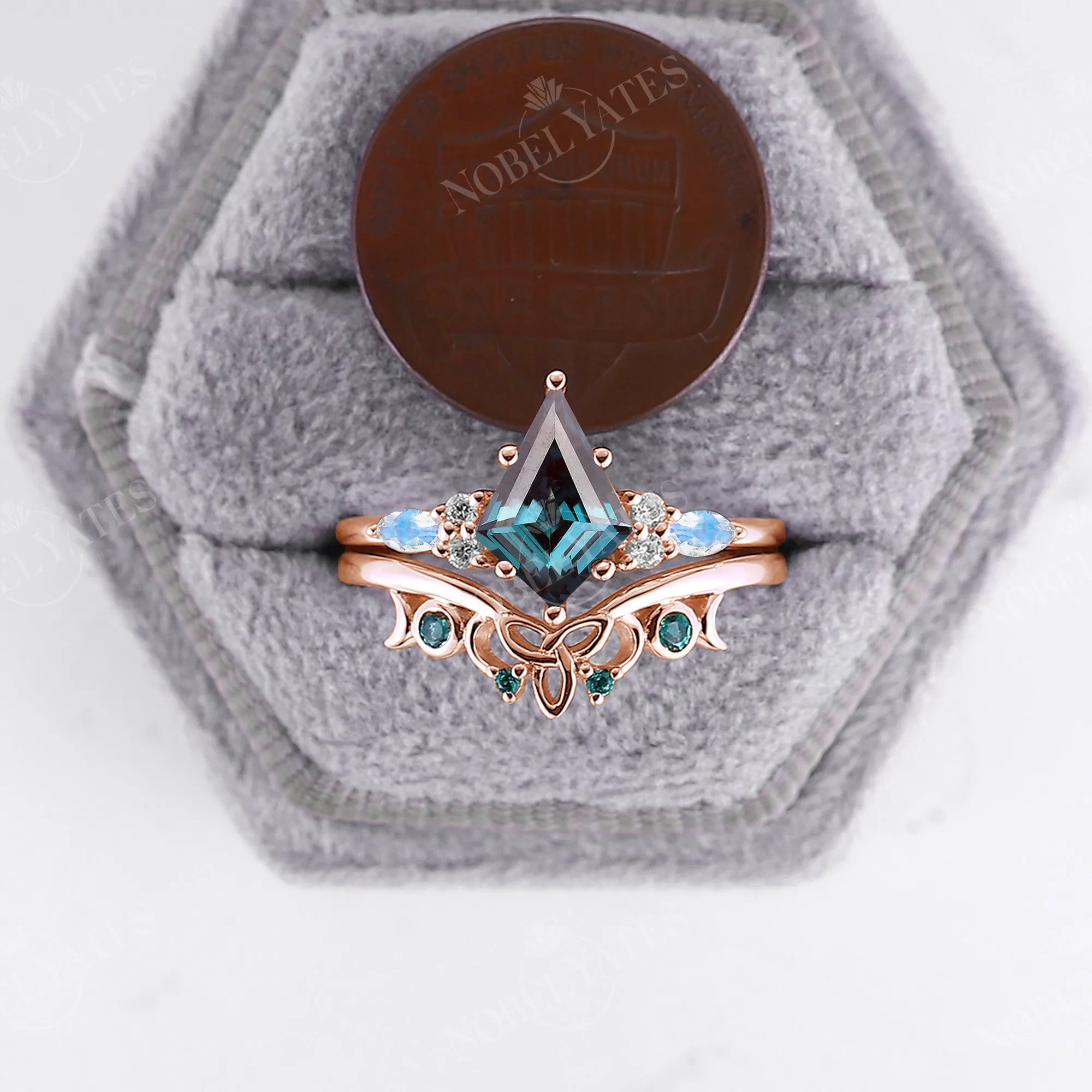 Kite Lab Alexandrite Celtic Style Cluster Engagement Ring Set Rose Gold