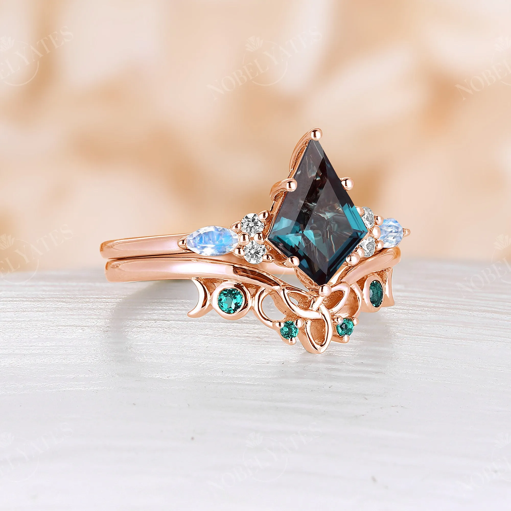 Kite Lab Alexandrite Celtic Style Cluster Engagement Ring Set Rose Gold