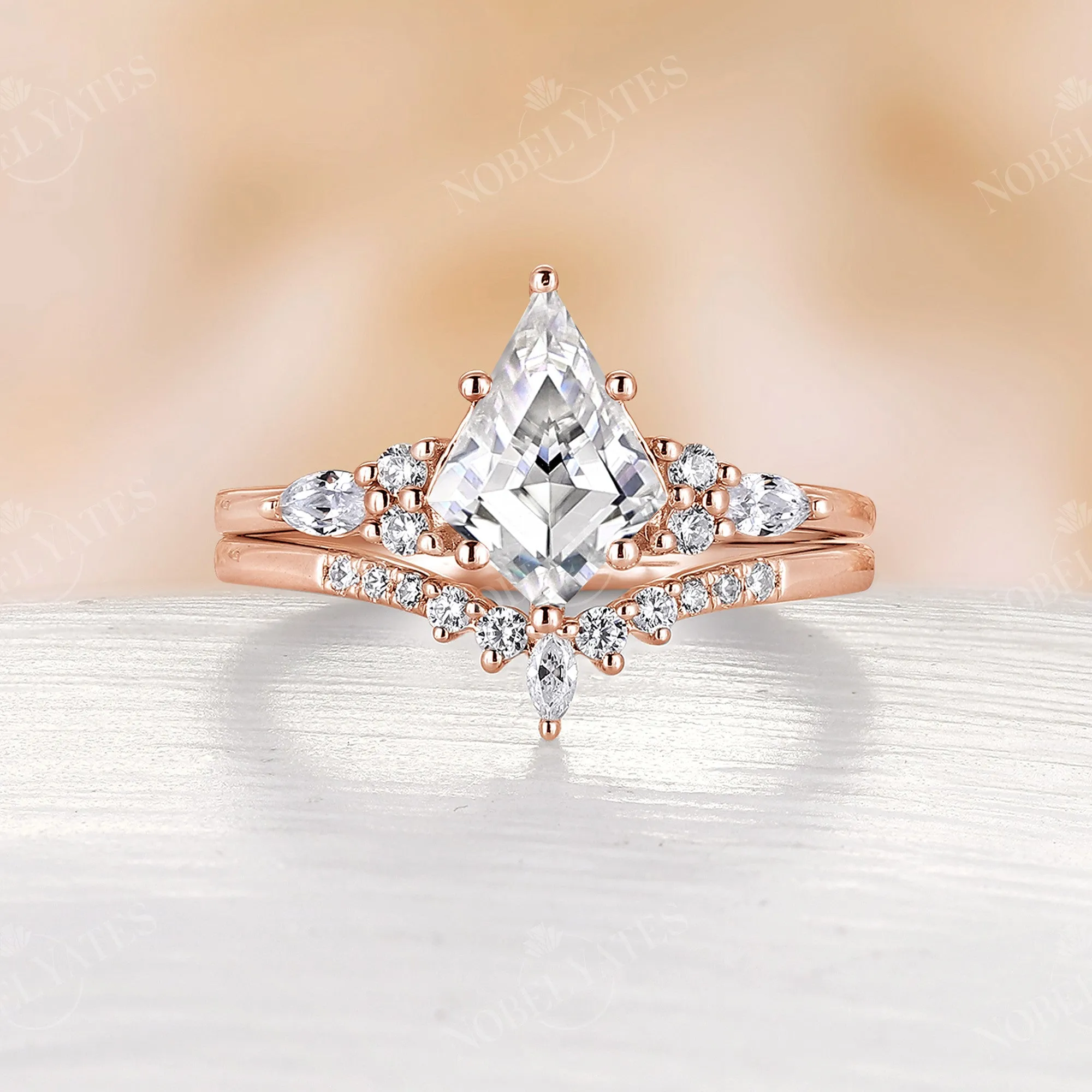 Kite Shape Moissanite Cluster Engagement Ring Set Rose Gold