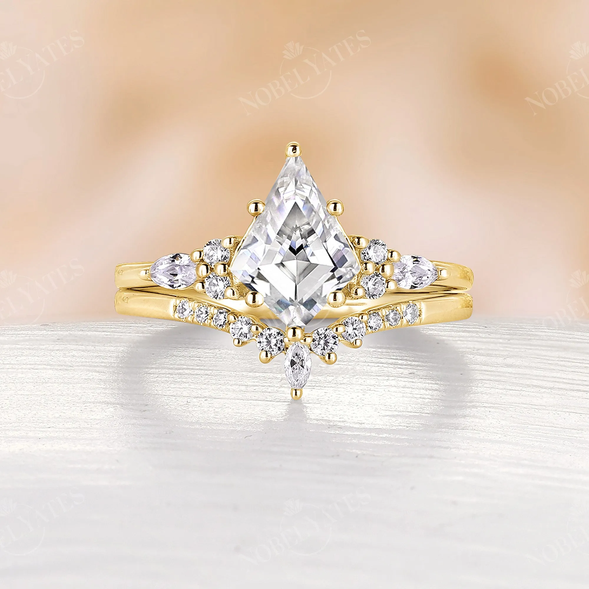 Kite Shape Moissanite Cluster Engagement Ring Set Rose Gold