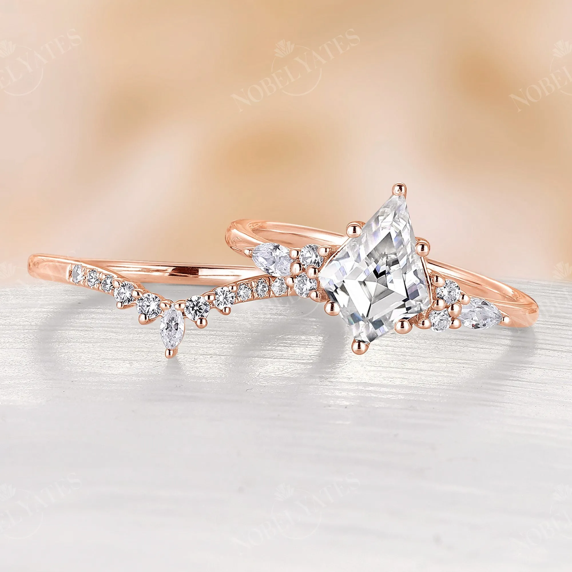 Kite Shape Moissanite Cluster Engagement Ring Set Rose Gold