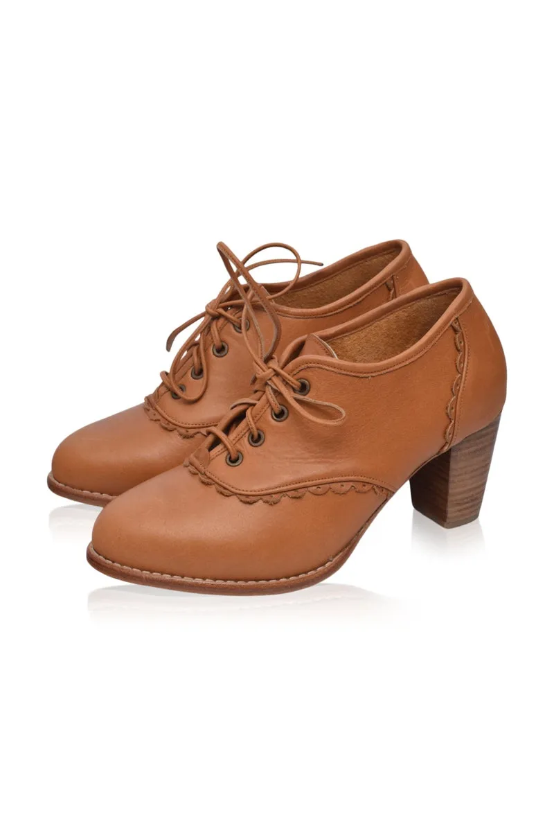 Womens Dark Tan Lace Oxford Heels