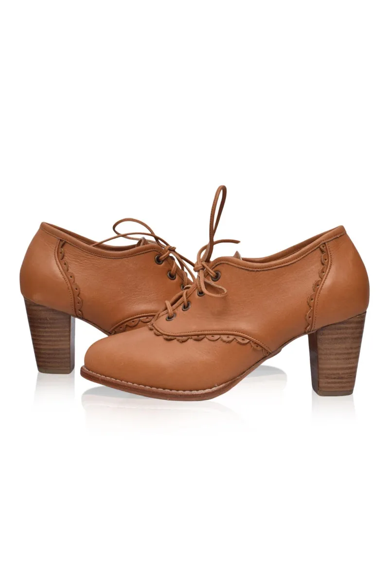 Womens Dark Tan Lace Oxford Heels