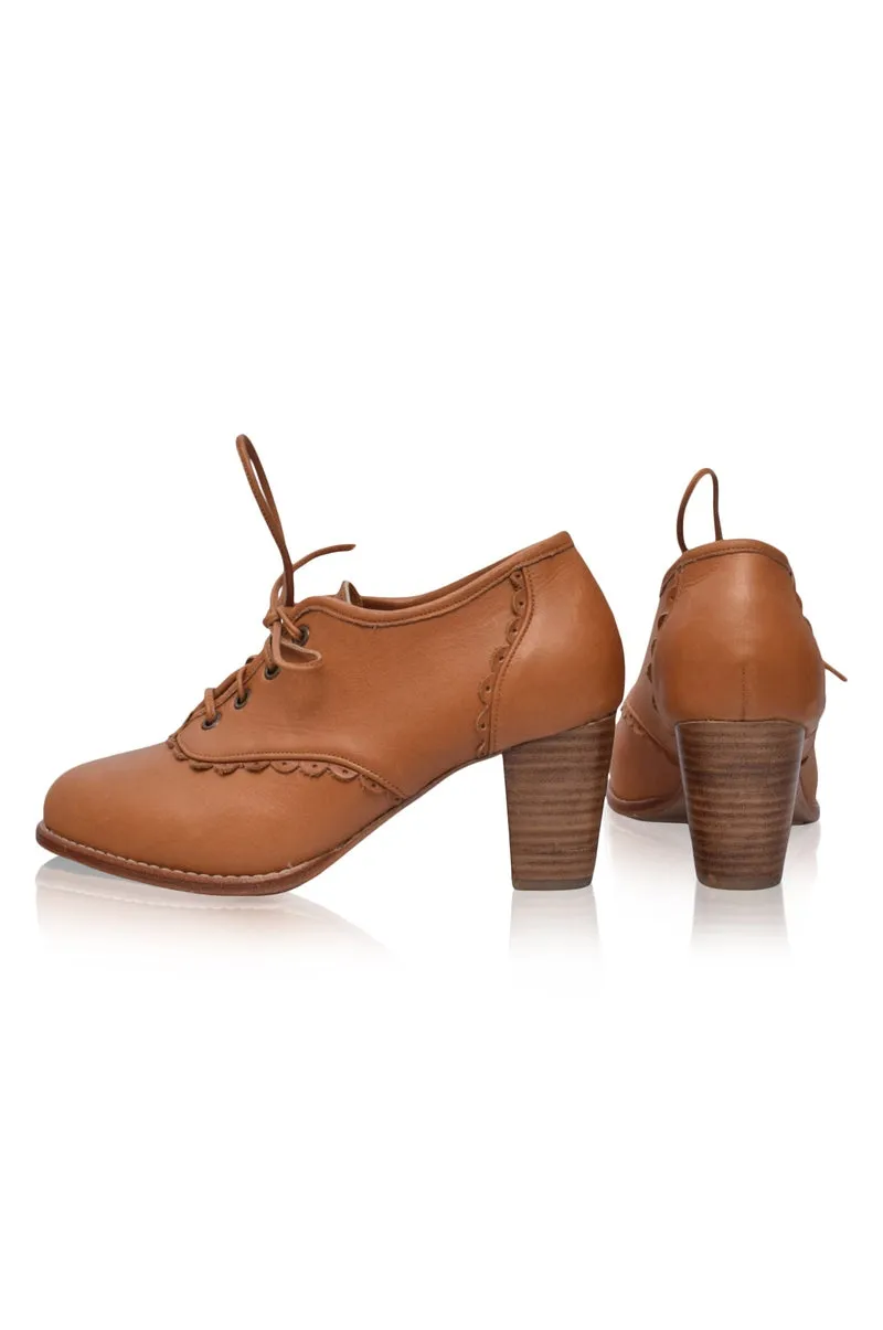 Womens Dark Tan Lace Oxford Heels