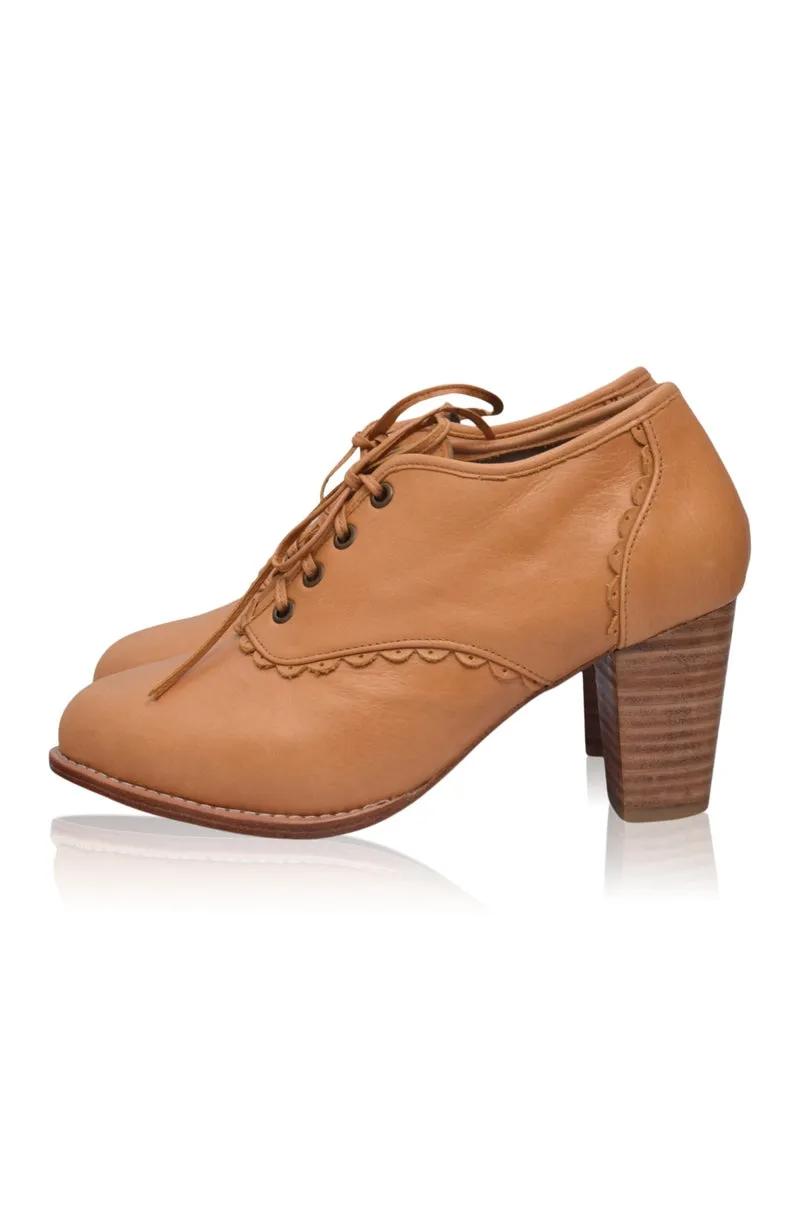 Womens Dark Tan Lace Oxford Heels