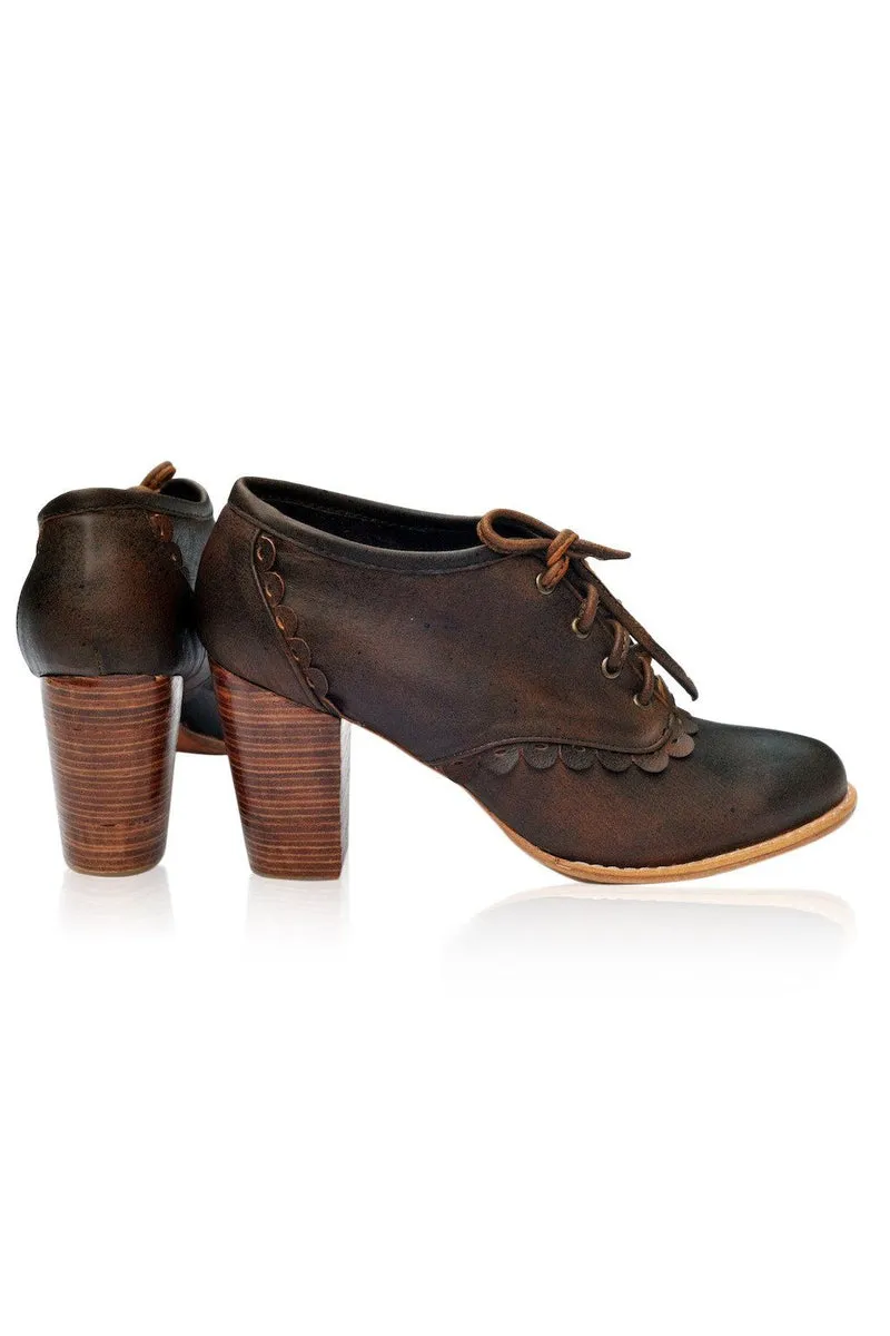 Womens Dark Tan Lace Oxford Heels