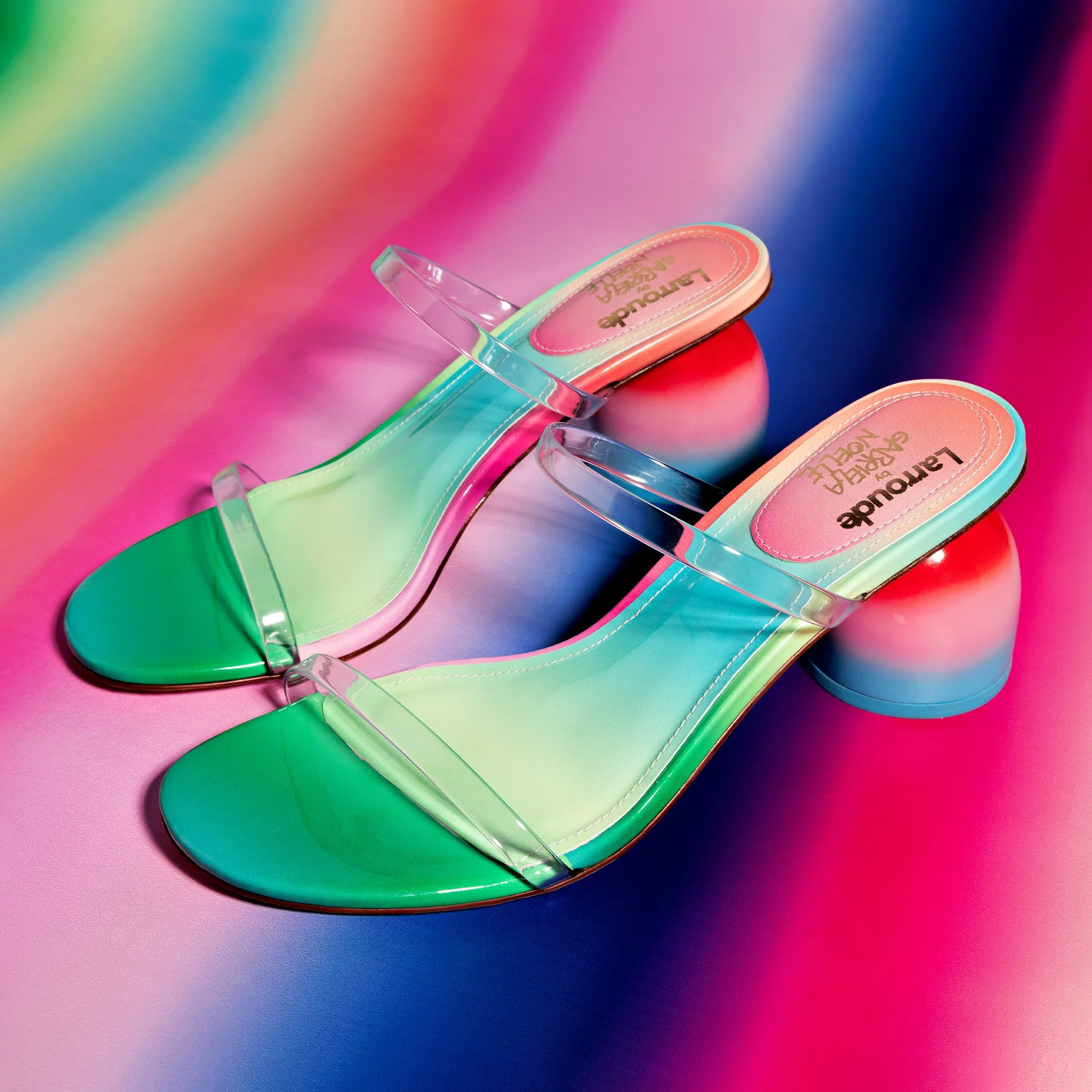 Larroudé Rainbow Patent Leather Dew Drop Mule by Gabriela Noelle