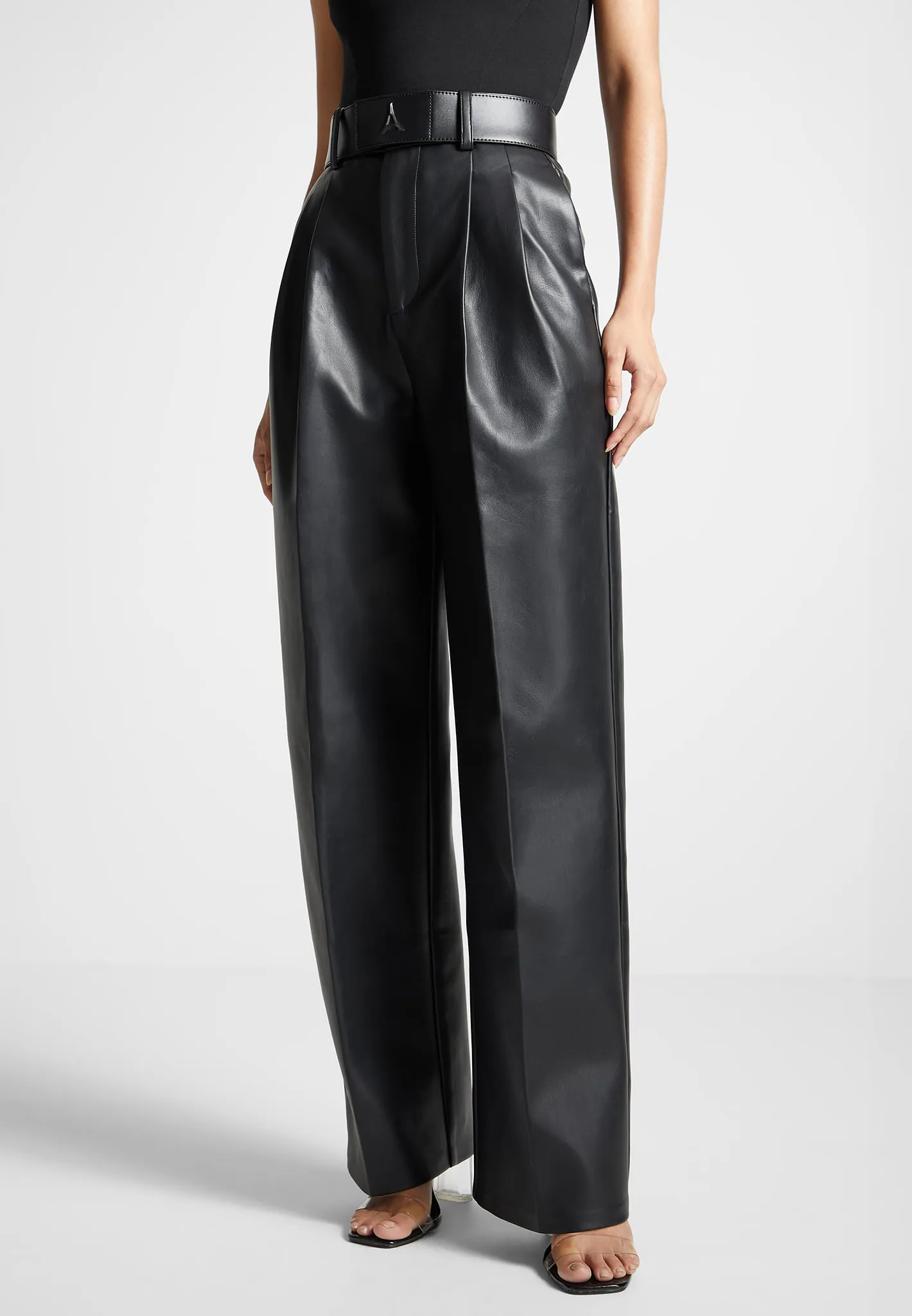 Leather Pleated Trousers with Eiffel Belt - Black