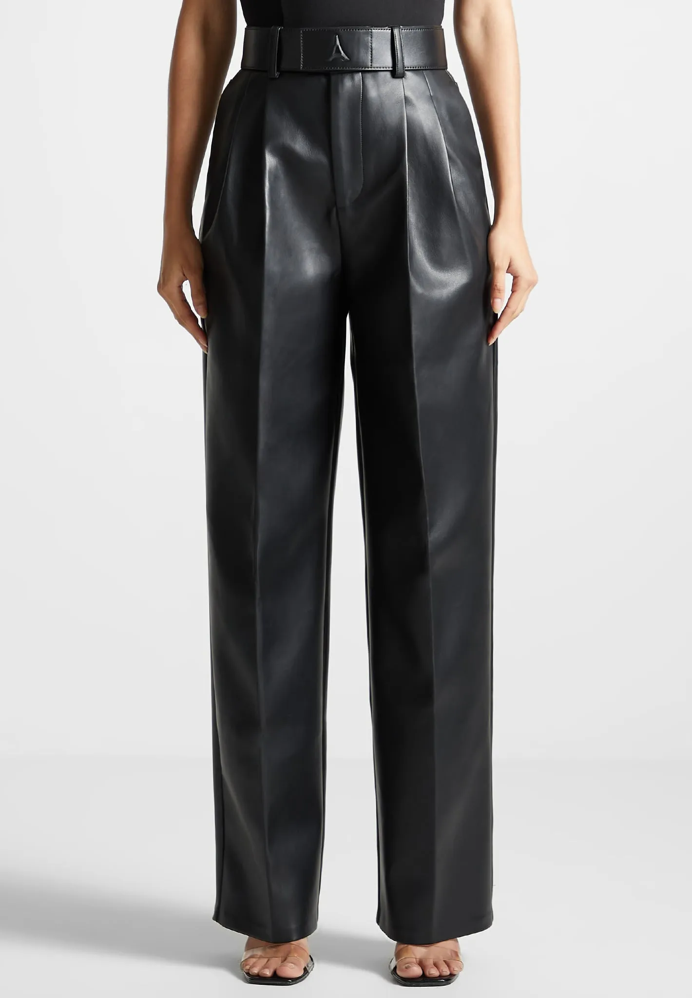 Leather Pleated Trousers with Eiffel Belt - Black