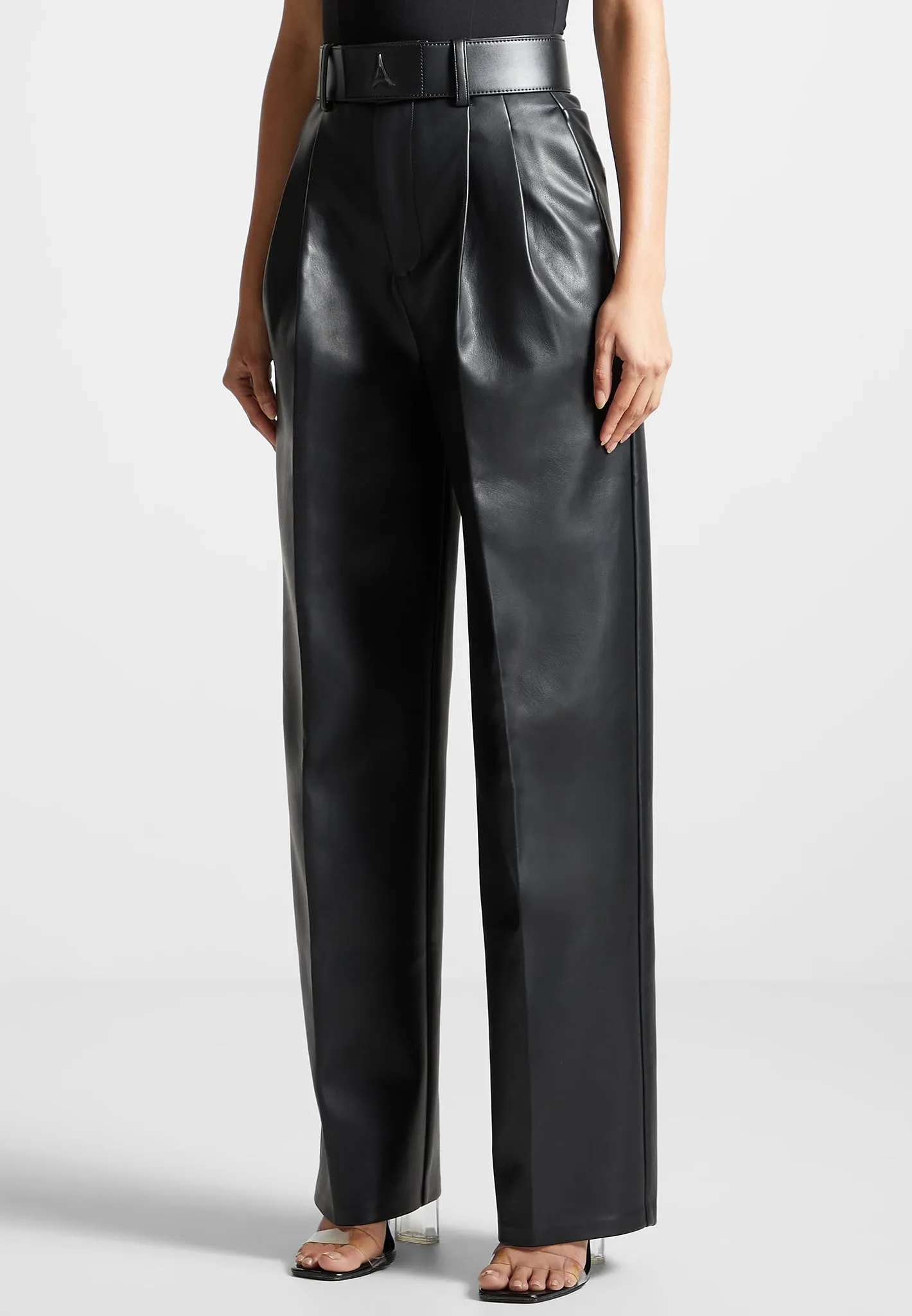 Leather Pleated Trousers with Eiffel Belt - Black