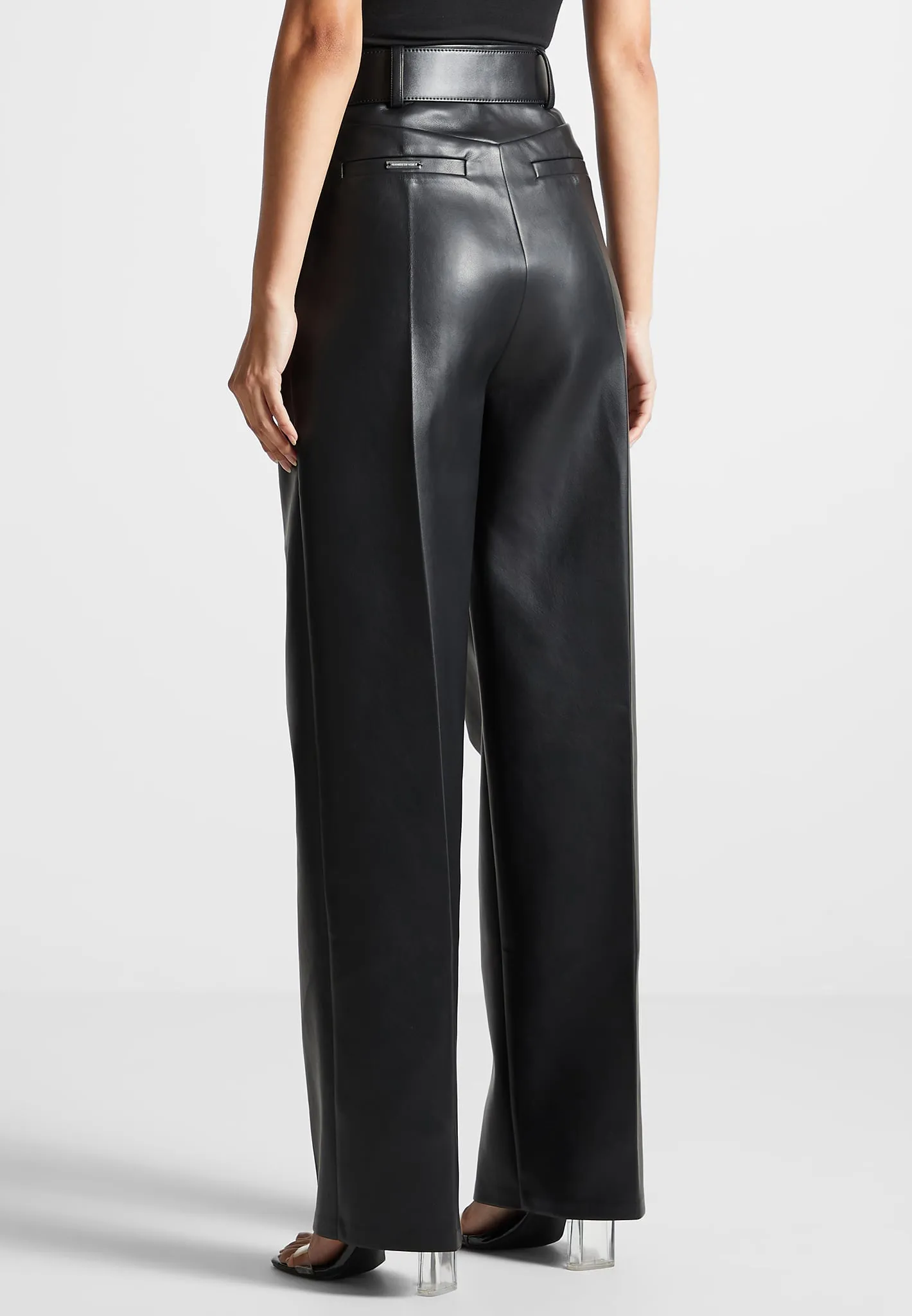 Leather Pleated Trousers with Eiffel Belt - Black