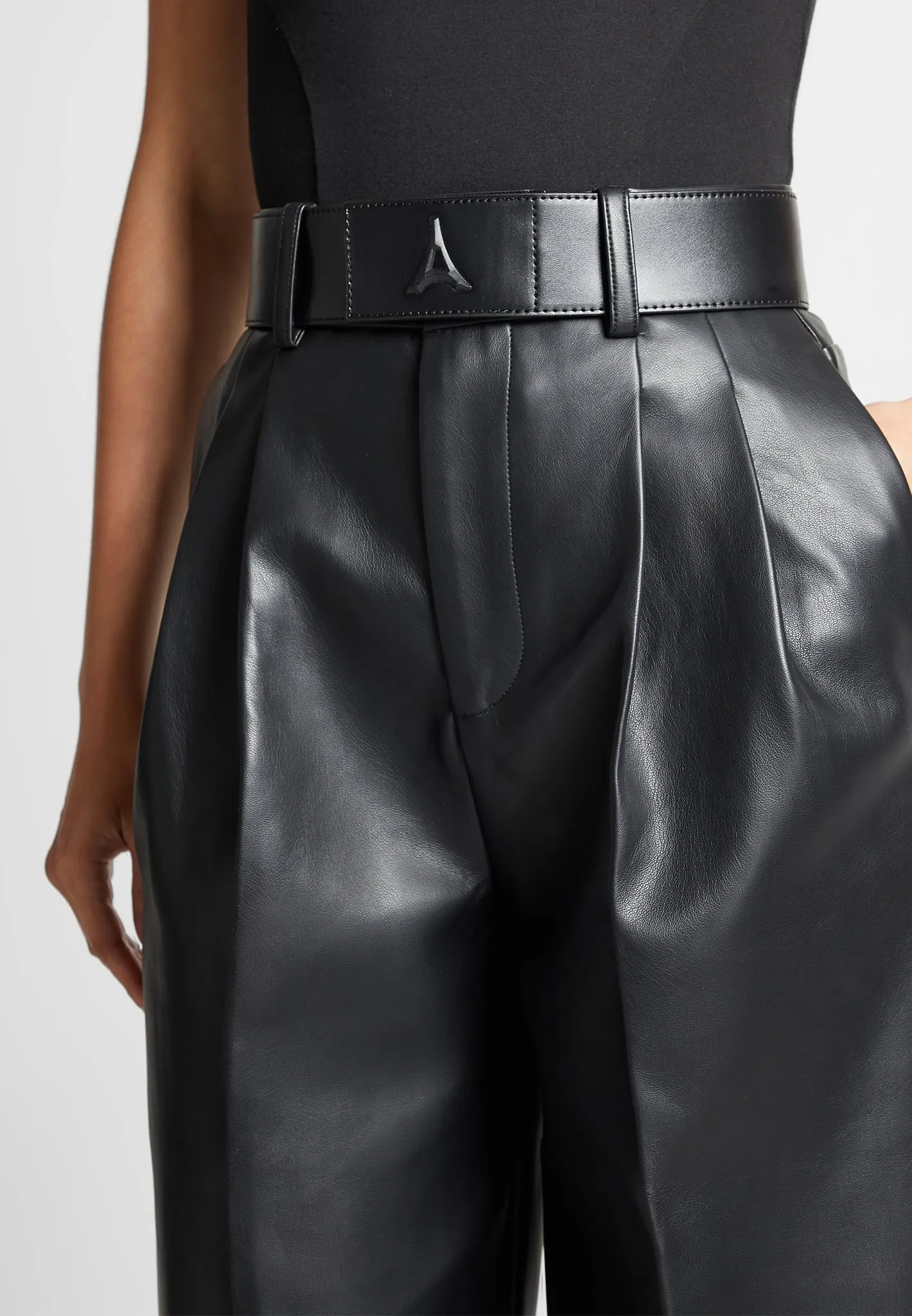 Leather Pleated Trousers with Eiffel Belt - Black