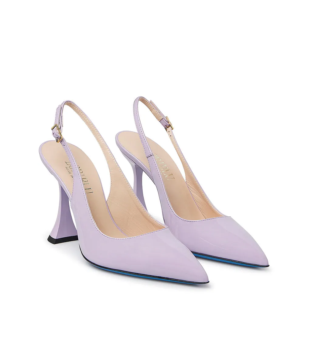 Lilac patent leather slingback heels