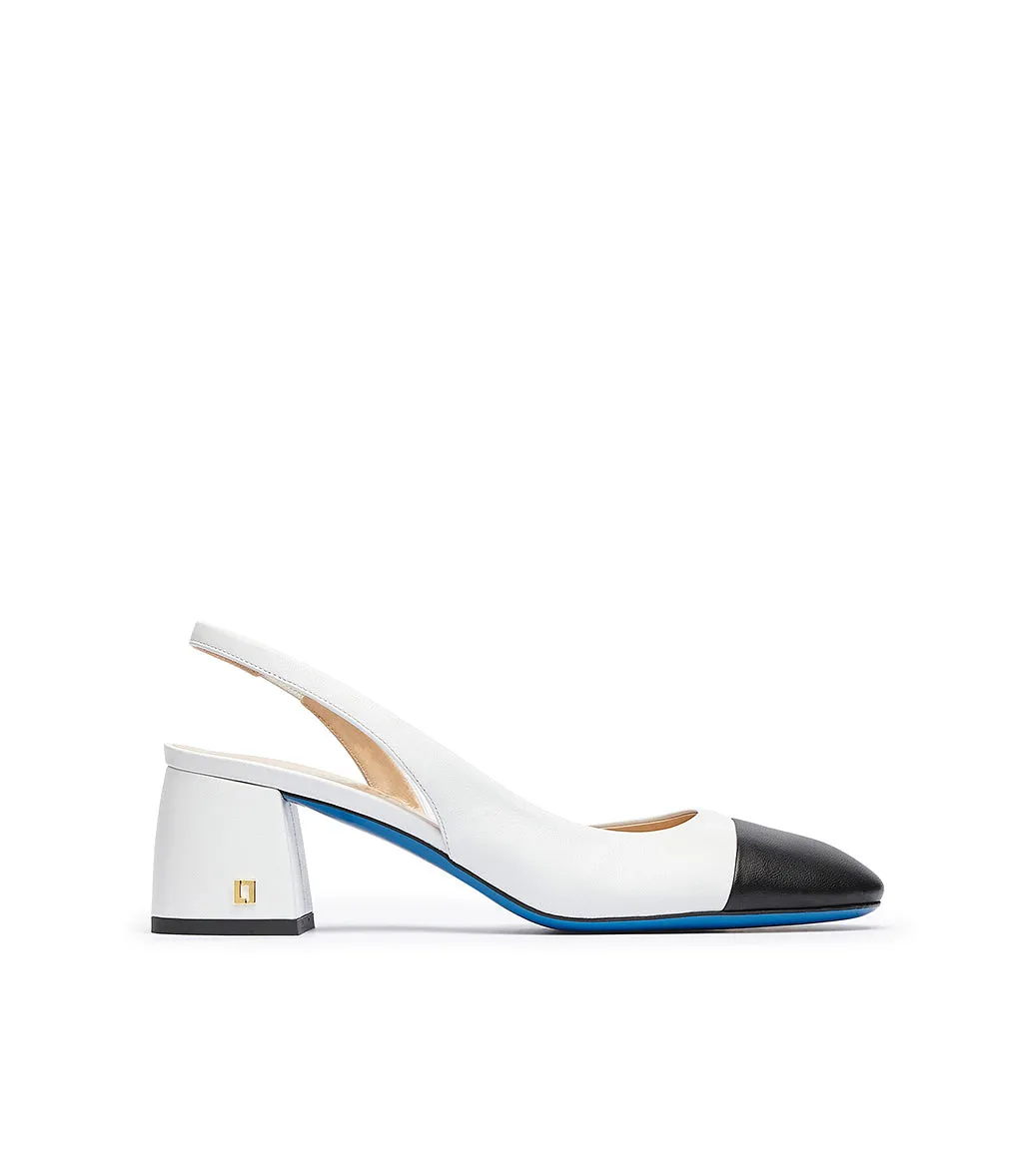 Logo-Plaque Black and White Nappa Leather Slingback Pumps