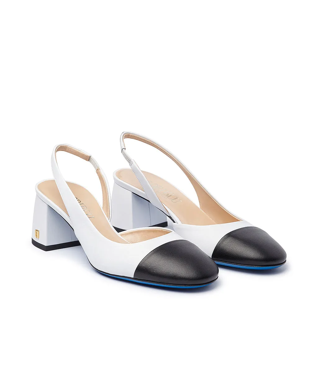 Logo-Plaque Black and White Nappa Leather Slingback Pumps