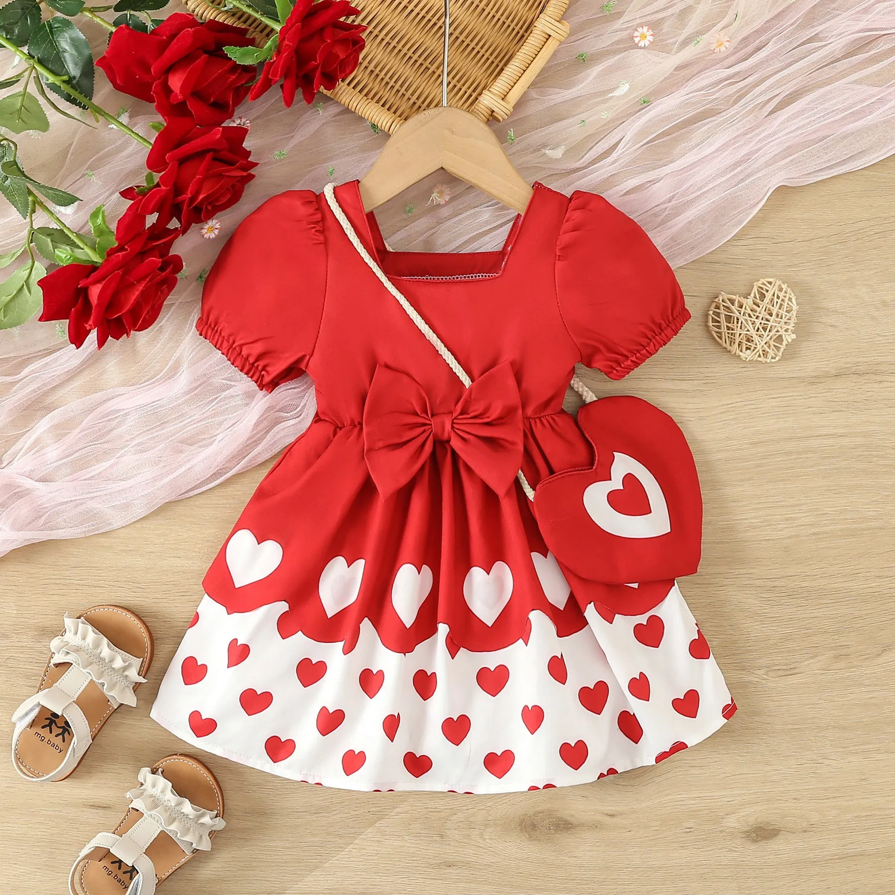 Love Heart Bow Print Valentine's Day Dresses for Baby Girls Wholesale - 24030149