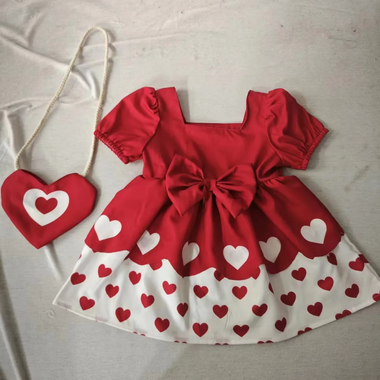 Love Heart Bow Print Valentine's Day Dresses for Baby Girls Wholesale - 24030149