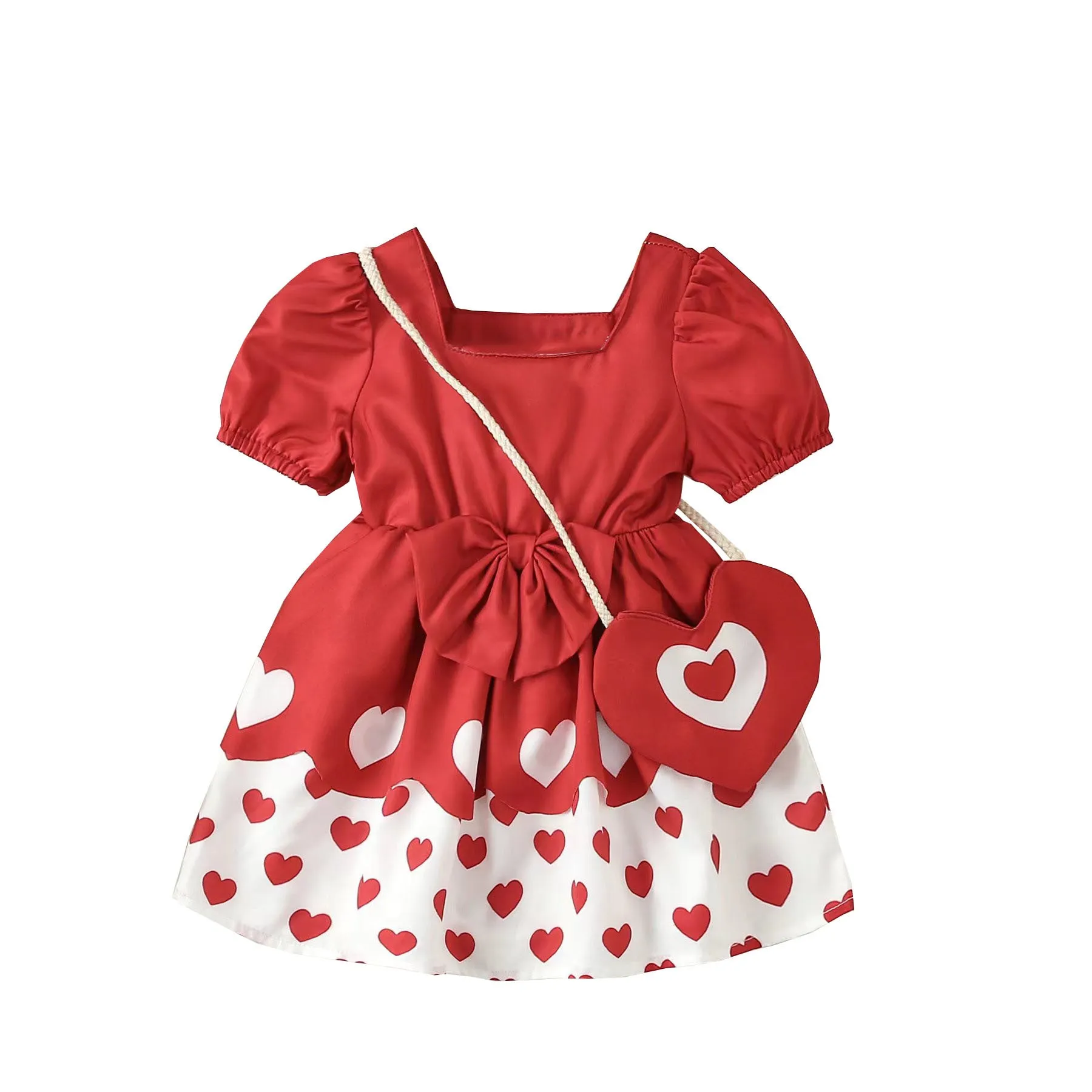 Love Heart Bow Print Valentine's Day Dresses for Baby Girls Wholesale - 24030149