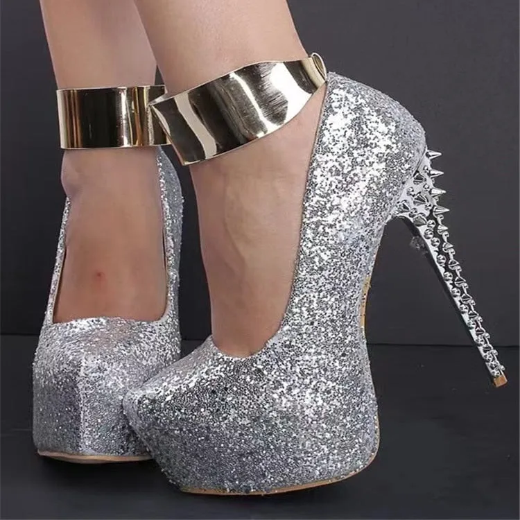 Glitter Rivet Pointed Toe High Heel Pumps