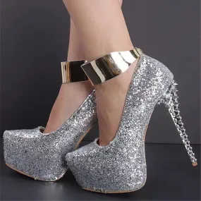 Glitter Rivet Pointed Toe High Heel Pumps