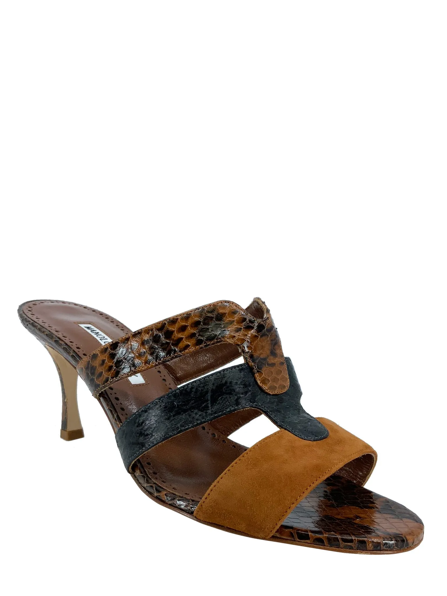 Manolo Blahnik Brown Suede Snakeskin Mules Size 9