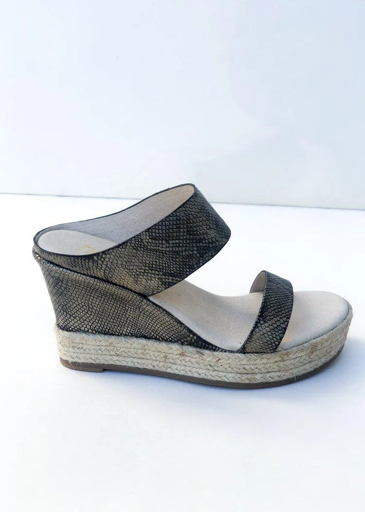 Pewter Snake Pattern Wedge Sandals by Matisse