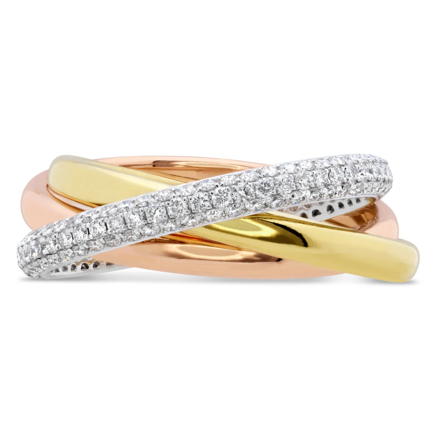 Memoire 18k Gold Tricolor Three-Row Pave set Diamond Rolling Ring