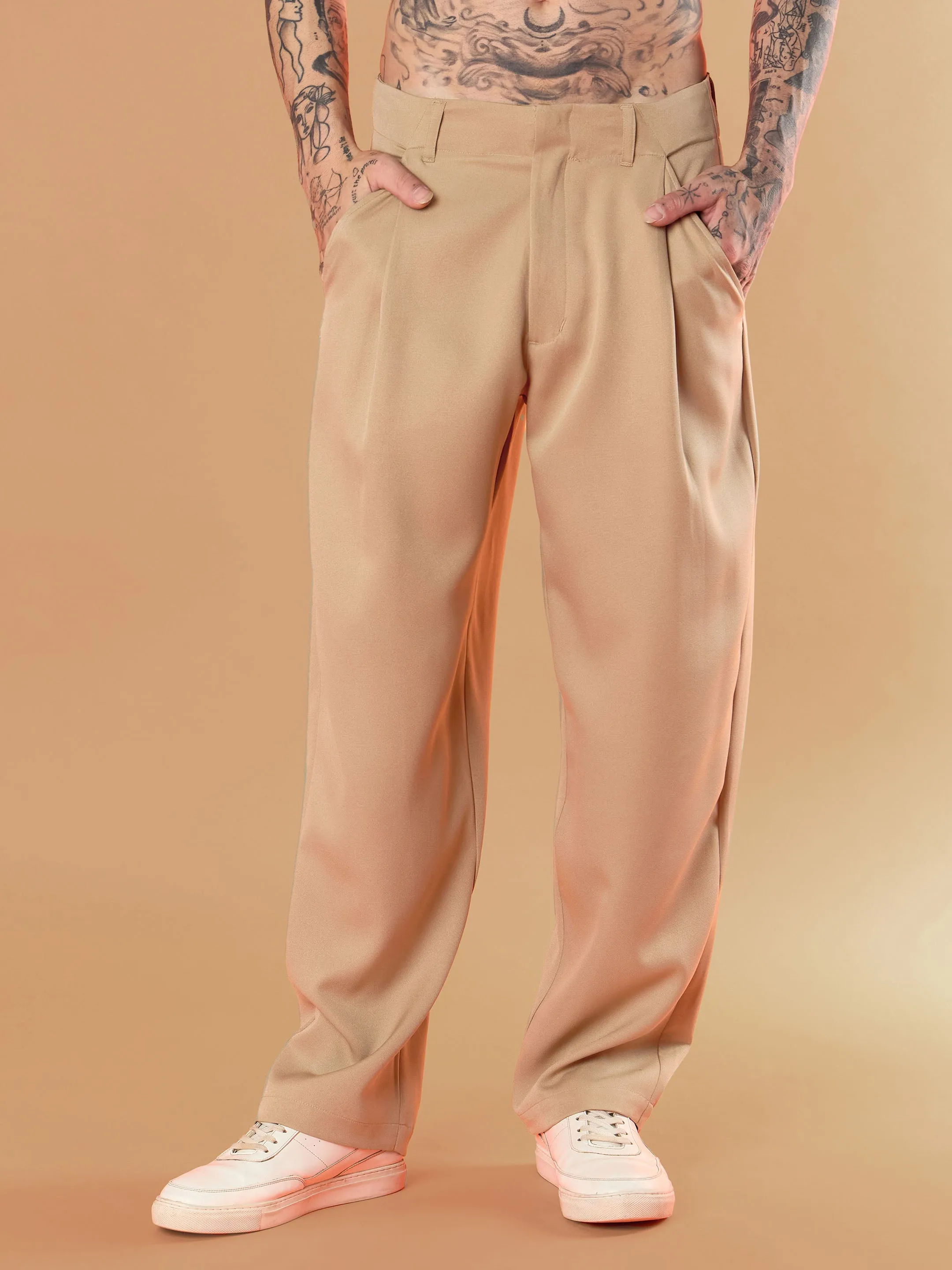 Men Beige Straight Pleated Trousers