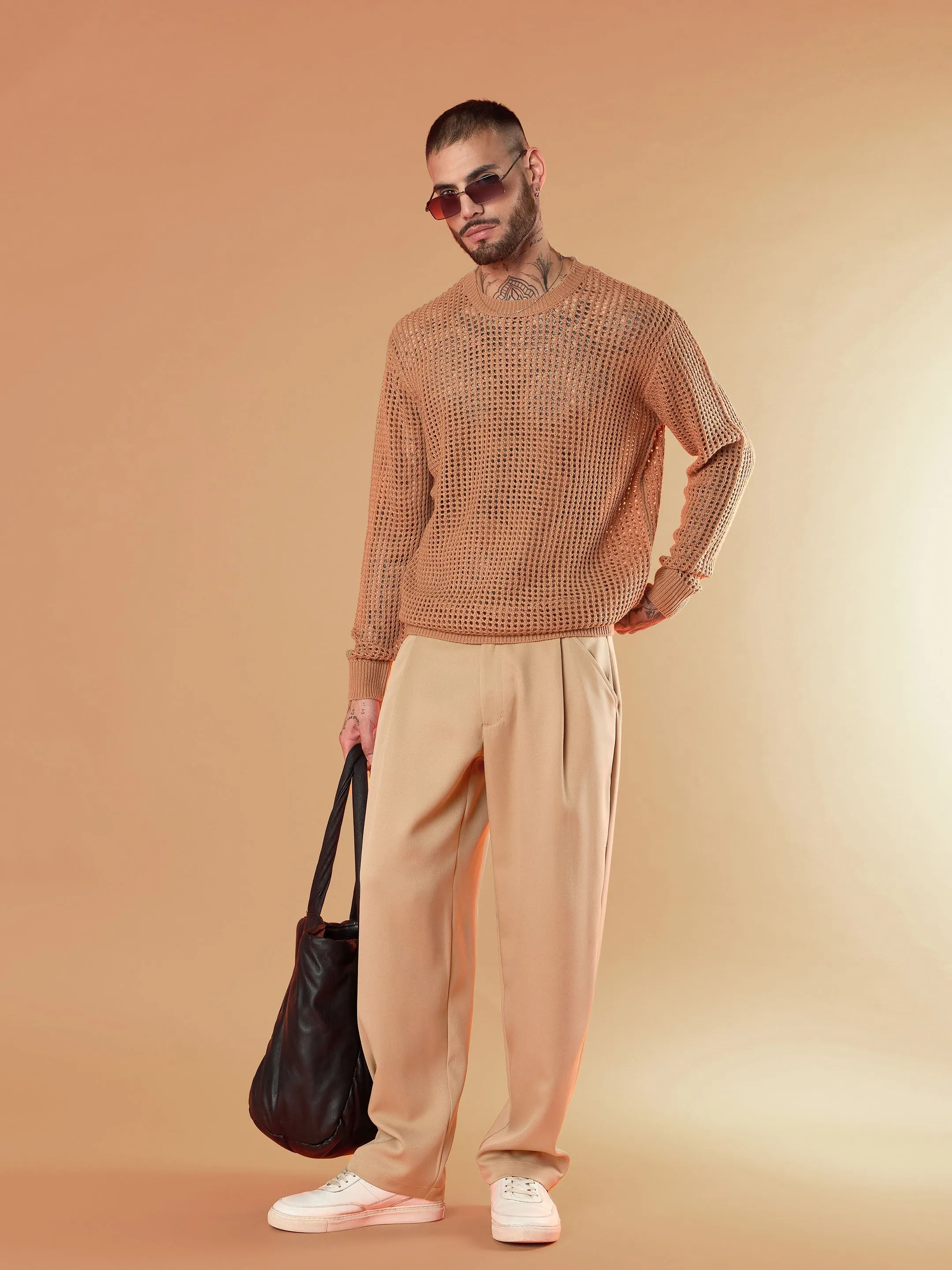 Men Beige Straight Pleated Trousers