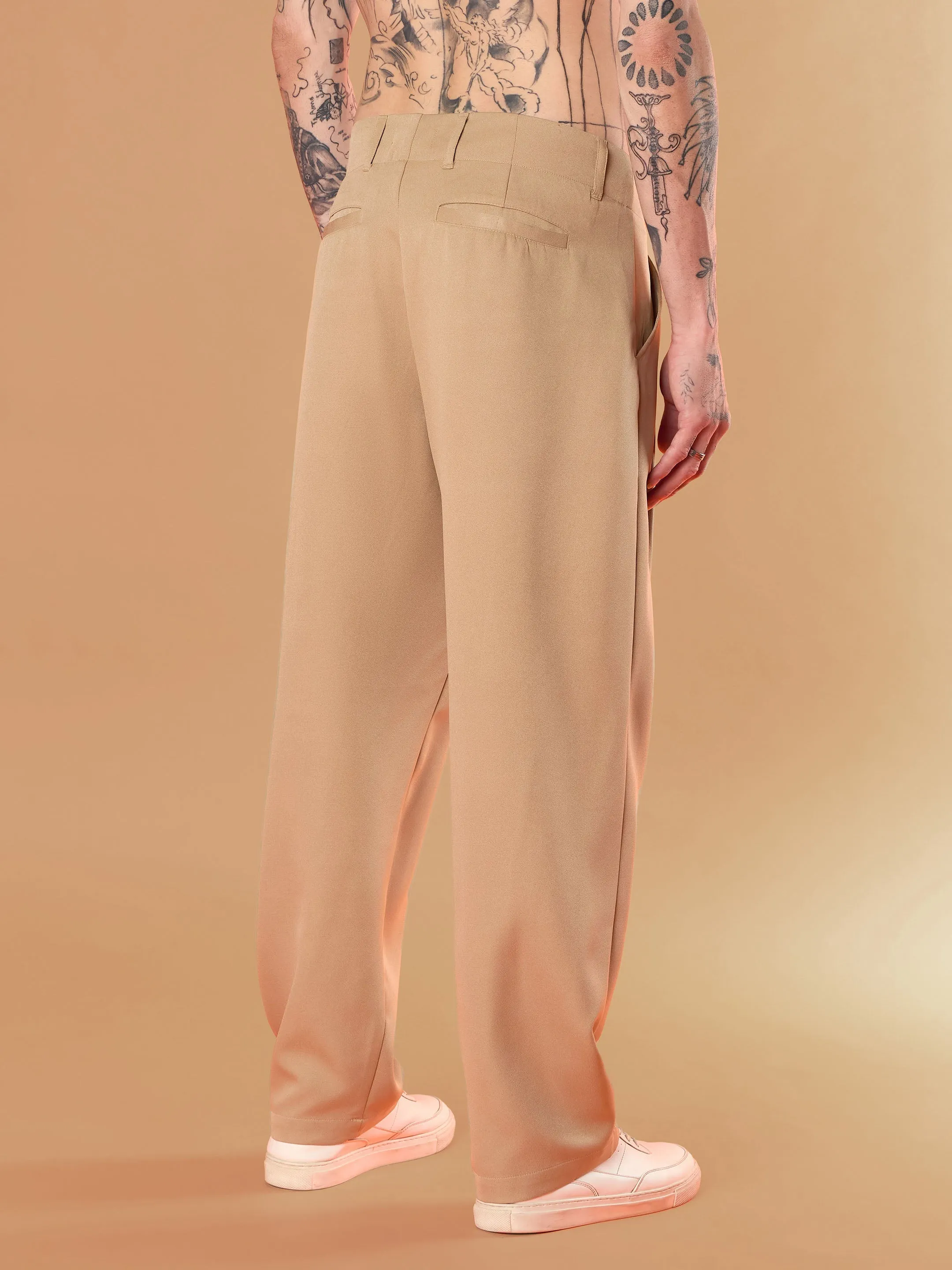 Men Beige Straight Pleated Trousers