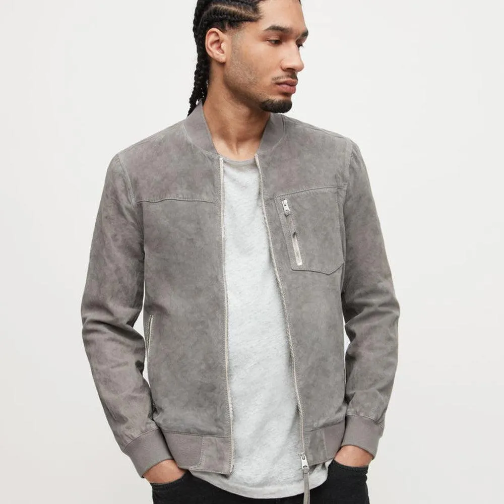 Men's Grey Suede Leather Bomber Jacket