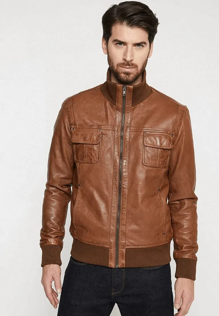 Men's Tan Brown Leather Bomber Jacket