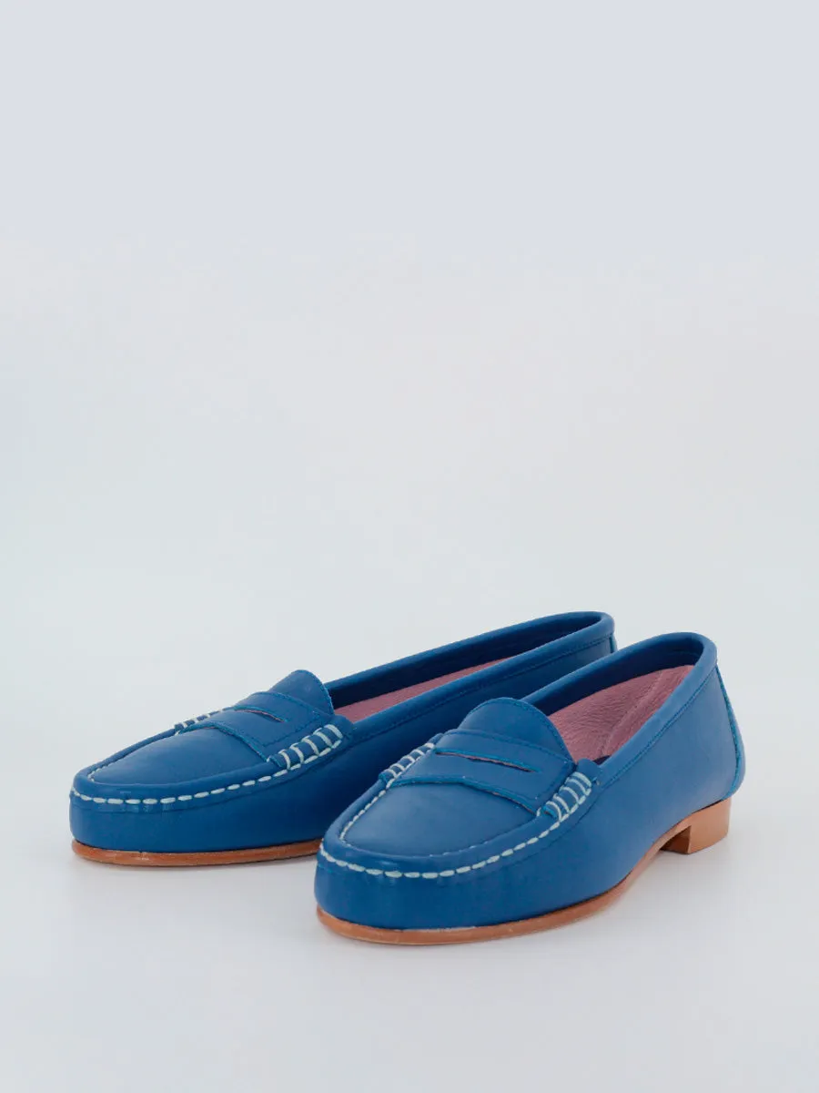 Blue leather women's Roma loafers.