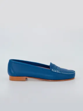 Blue leather women's Roma loafers.