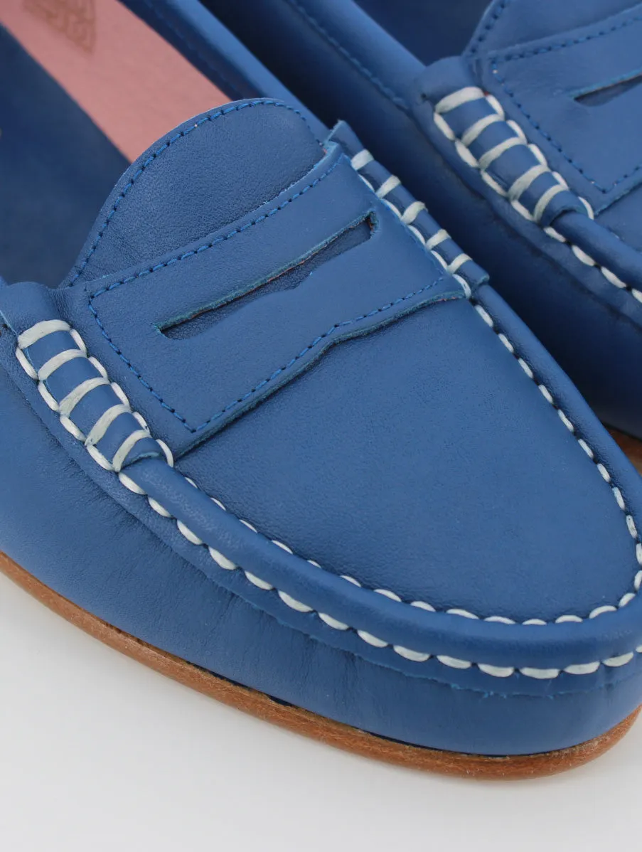 Blue leather women's Roma loafers.