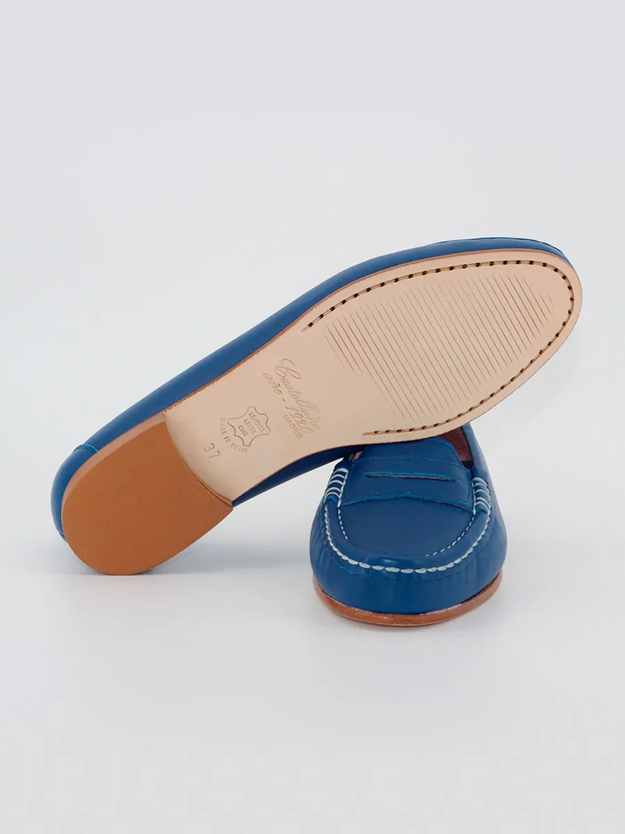 Blue leather women's Roma loafers.